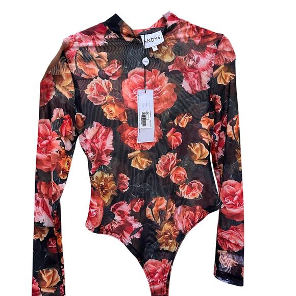 SNDYS Sheer Floral Long Sleeve Bodysuit Size Small Black Red SFBS016 - Picture 1 of 9